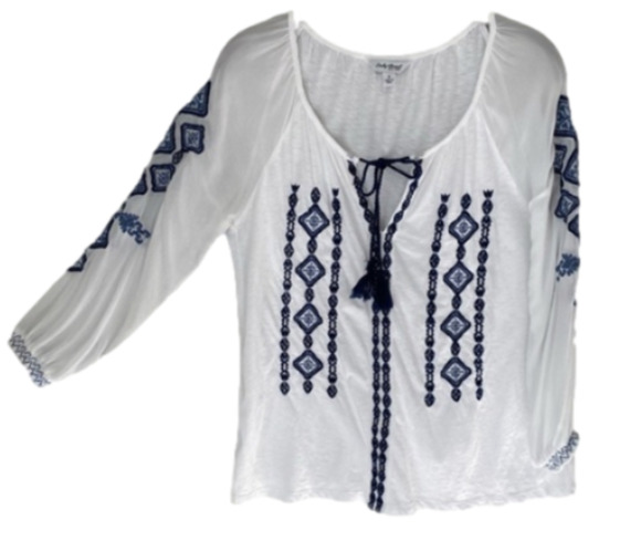 Lucky Brand Tops - LUCKY BRAND Women’s Peasant/Boho Blue Embroidered White Long Sleeve Top, Size S